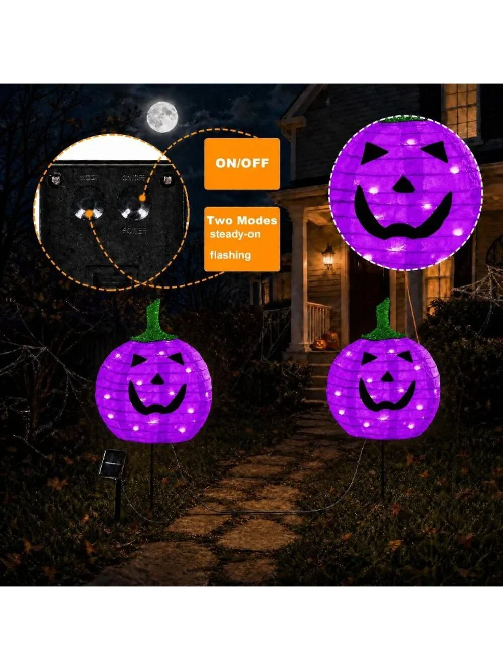 2 Pack Solar Halloween Purple Pumpkin Pathway Stake Lights Outdoor Weather